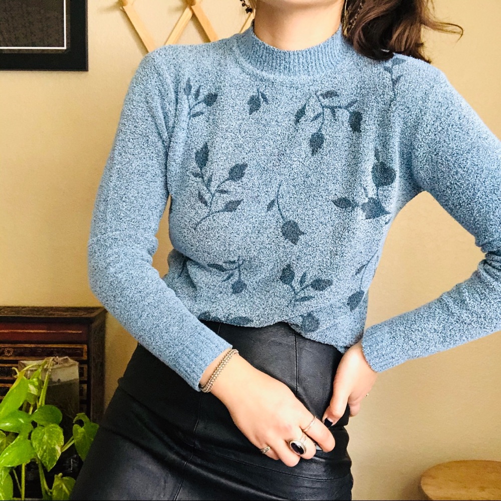 Vintage Blue Floral Mock Neck Sweater